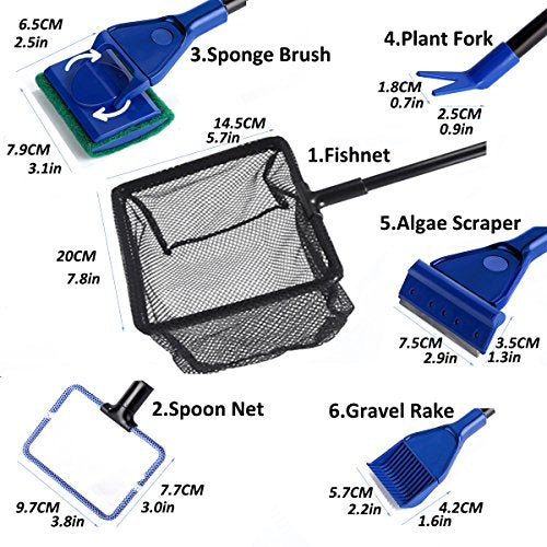 Aquarium Cleaning Tool Set, Fish Tank Cleaning 6-in-1 Set with Nets, Sponge Brush, Plant Fork, Scraper, Rake