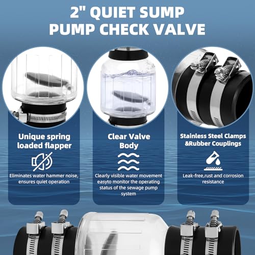 2 Inch Silent PVC Check Valve, Quiet Clear Sump Pump Check Valve With Stainless Clamps Fits 7-1/4" Gap in 2” Schedule 40 Pipe,With Spring Loaded Flapper Leak-proof Sewage - size: 2 Inch Sump Pump Check Valve
