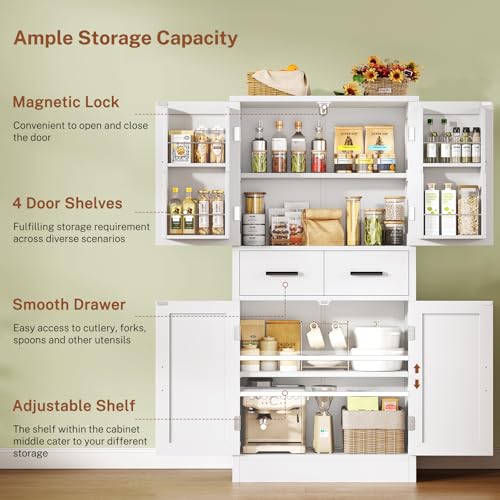 TEENFON 53" H Pantry Cabinet with 2 Drawers, Kitchen Storage Cabinet with 4 Door Shelves, Kitchen Pantry for Living Room, Dining Room, Bathroom, White - color: White Door Shelves