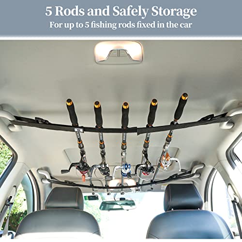 Raynesys Vehicle Fishing Rod Holder, Car Fishing Pole Roof Rack Inside, 5 Rod Capacity, Heavy Duty Adjustable 30-54 Inch, Fishing Rod Carrier Fishing Pole Storage Straps for Truck Car SUV Wagons Van