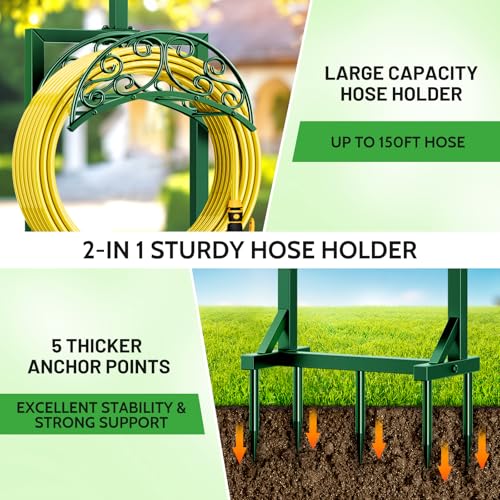 Garden Hose Holder - Upgraded Water Hose Holders for Outside with 5 Spikes & 2 Shepherds Hooks, Freestanding Hose Stand Hose Hanger Hose Storage Hose Reel Rack for Yard Lawn(Green) - color: Green