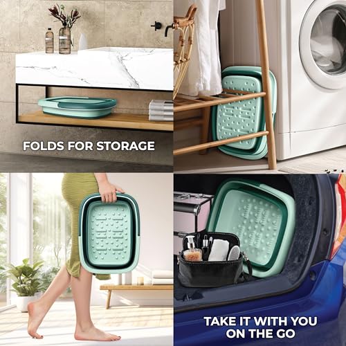 Mantello Collapsible Foot Bath Foot Soaking Tub | Portable Foot Spa Pedicure Bowl | Large Basin to Soak & Wash Feet | Folding Bucket with Carry Handle | White & Grey, Blue, Green [Green] - color: Collapsible Tub Green