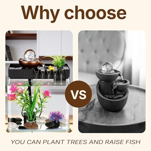 Indoor Water Fountain, 5-in-1 Tabletop Waterfall with Fish Tank & Mist Spray Humidifier, Desktop Fountain for Office Decor, Relaxing Small Water Feature for Bedroom Living Room Home