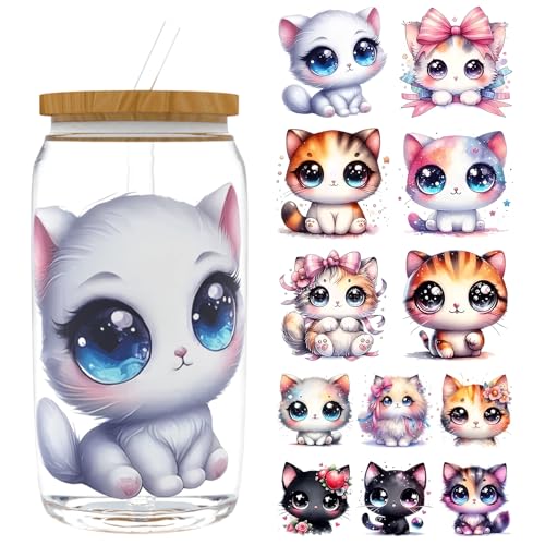 UV DTF Cup Wrap for 16oz Glass, 12 Sheets Cute Cat Theme UV DTF Decals, Tumblers, Rub on Transfer Stickers - style: Cute Cat Theme