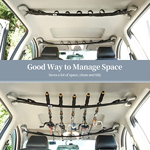 Raynesys Vehicle Fishing Rod Holder, Car Fishing Pole Roof Rack Inside, 5 Rod Capacity, Heavy Duty Adjustable 30-54 Inch, Fishing Rod Carrier Fishing Pole Storage Straps for Truck Car SUV Wagons Van
