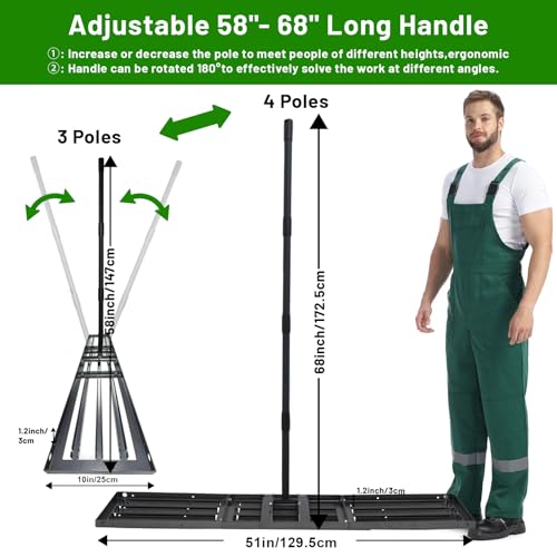 Lawn Leveling Rake 51"x10",Lawn Leveling Tool with 68" Long Adjustable Stainless Steel Handle for Leveling Soil,Grass,Sand or Dirt,Heavy Duty Lawn Leveler for Backyard,Garden,Golf Course,Farm,Pasture - style: 51"x10"