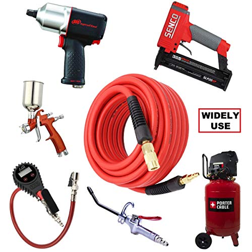YOTOO Hybrid Air Hose 3/8-Inch by 50-Feet 300 PSI Heavy Duty, Lightweight, Kink Resistant, All-Weather Flexibility with 1/4-Inch Brass Male Fittings, Bend Restrictors, Red
