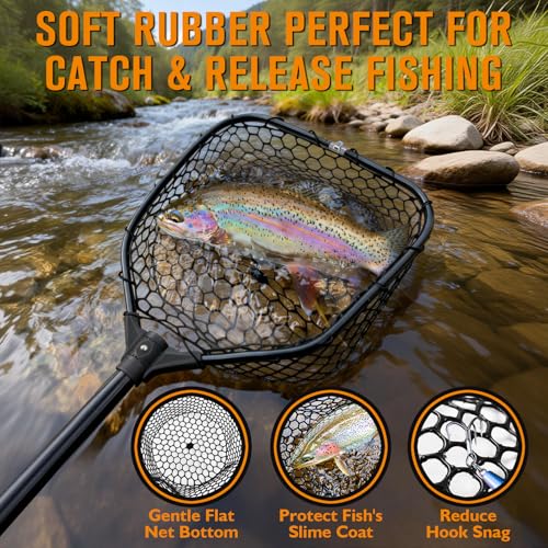 Rubber Fishing Landing Nets Telescopic Handle Nets Folding Nets with Collapsible Handle for Catch & Release Fishing Gift 17.6" dia-13.7" Depth Black/Orange