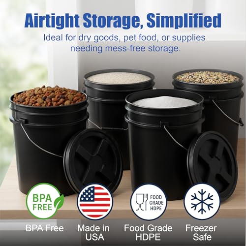 ePackageSupply 5 Gallon Bucket - Food Grade Bucket with Airtight Gamma Seal Screw-On Lid, BPA-Free, Heavy-Duty 90 Mil HDPE Plastic, Bulk Storage, Durable Container, Made in USA, Black/Black, 1 Pack - color: Black/Black, size: 1 Pack