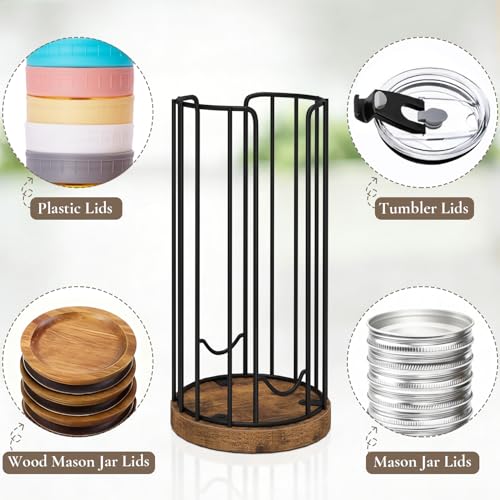 Mason Jar Lid Organizer, 2-Pack Mason Jar Lid Holder with Wood Base & Metal Frame, Mason Jar Lid Storage Accessories for Kitchen Countertop or Cabinet, Fit Mason/Canning/Bamboo Lids