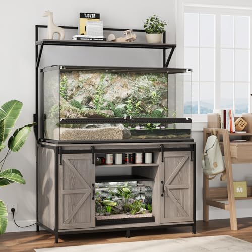VOWNER Farmhouse Reptile Tank Stand with Power Outlet, 48" X 24" Tabletop Fits up to 120 Gallon Bearded Dragon Tank, Heavy Duty Aquarium Stand with Storage Cabinet, Reptile Turtle Terrarium Stand Grey - color: Grey