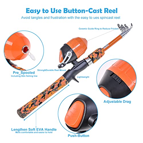 CODEK Kids Fishing Pole Set with Full Starter Kits 2 Set Portable Telescopic Fishing Rod and Spincast Reel Cambos with a Fishing Net and 2 Buckets for Boys Girls and Youth - color: Orange