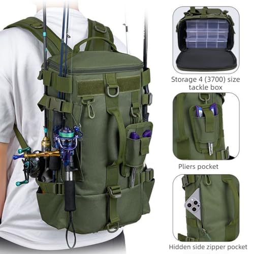 Tactical Fishing Backpack with Rod Holders,35L MOLLE Tackle Bag Water Resistant for Men and Women,Outdoor Gear Storage for Saltwater and Freshwater (Green) - color: Green