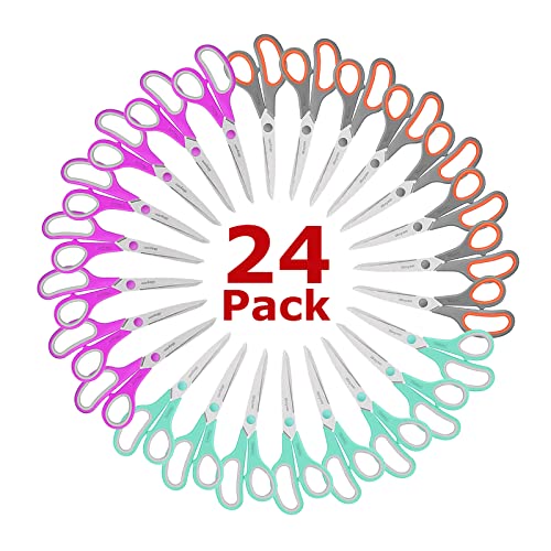 iBayam 8 '' Multipurpose Heavy Duty Scissors Bulk 24-Pack, 2.5mm Thickness Ultra Sharp Blade Shears with Comfort-Grip Handles for Household School Office Supplies, Right/Left Hand Tools - color: Mint, Grey, Purple, size: 24-Pack