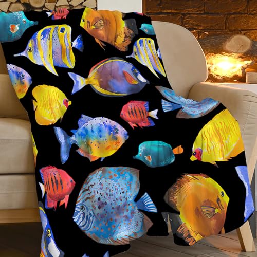 Tropical Fish Blanket Super Soft Warm Fluffy Flannel Colorful Fish Throw Blanket Cozy Fuzzy Plush Fishing Bedding Blanket Gift for Boys Girls Kids Teens Adults Couch Sofa 50"x40" - color: Colorful Fish, size: 50"x40"