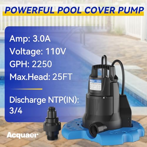 Acquaer 1/4 HP Automatic Swimming Pool Cover Pump, 2250 GPH Submersible Sump Pump with 3/4” Check Valve Adapter & 25ft Power Cord, Water Removal for Pool, Hot Tubs, Rooftops, Water Beds and more - color: Black