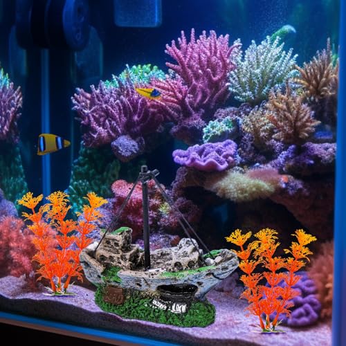 Aquarium Shipwreck Decoration Set Resin Fish Tank Ornaments Accessories for Undersea Aquarium Landscape Decor, Wreck Ship Ornament x 1pc, Aquatic Plants x 2 pcs