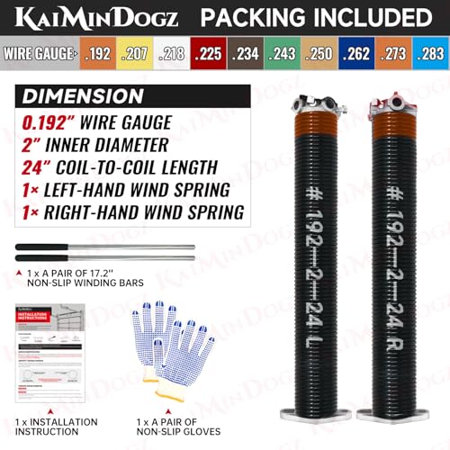 Pair of 2" Garage Door Torsion Springs Set with Non-Slip Winding Bar & Gloves,High Precision Electrophoresis Black Coated, for Replacement & Installation, MIN 16,000 Cycles (0.192x2''x24'') - size: 0.192X2"X24"
