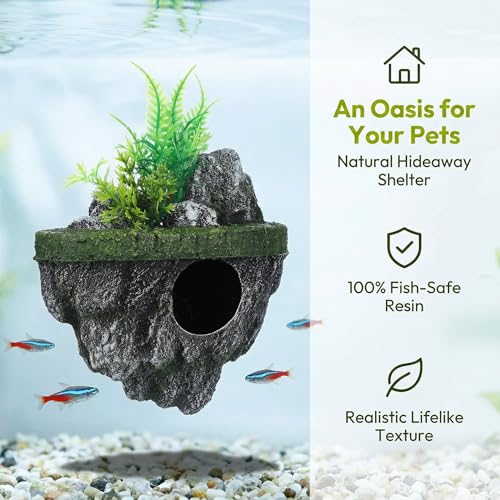 Homoyoyo Floating Aquarium Decor, Fish Tank Decorated Rock for Betta Fish Guppies Goldfish Shrimps Hermit Crabs Realistic Rock Tank Ornament with Hideaway Shelter Safe Resin Material 7.48X5.31X4.33In