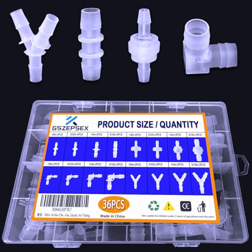 36Pcs Check Valves kit, 16-Size Plastic Hose Barb Fittings Assortment and Check valve, L Fitting, Y Fitting, one way valve for liquid, Gas, oils tubing (1/4", 5/16", 3/8", 1/2")