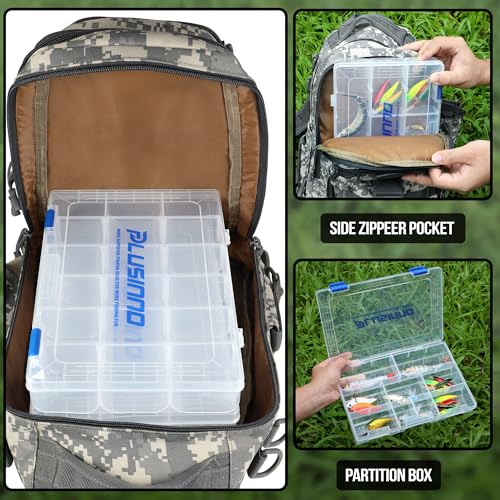 PLUSINNO Fishing Backpack Tackle Bag, Water-Resistant Backpack with Rod Holder, Ideal Gifts for Men - color: Acu Backpack With 4 Boxes