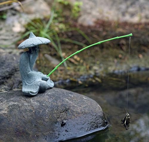 livelyfish Mini Fisherman Statue Asian Zen Decoration Sitting Fishing Figurines Sandstone Vintage Ornament for Aquarium Fish Tank Pot Garden Home Japanese Decor,D - color: Gray