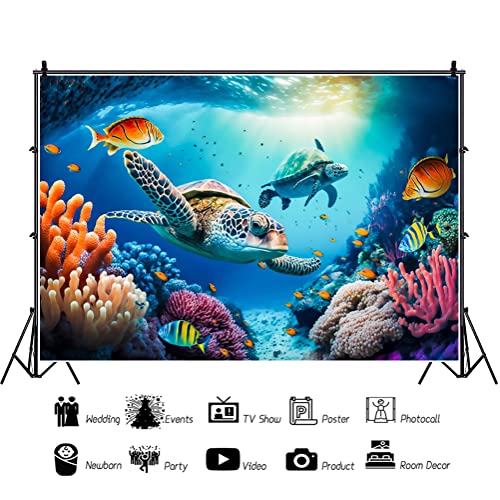 Yeele 10x6.5ft Sea Turtles Backdrop for Photography Underwater World Tropical Fishes Reef Coral Background Under The Sea Aquarium Decoration Vinyl Home Office Wallpaper - size: 10x6.5ft