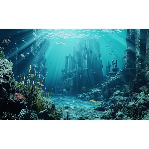 Ocean Fairy Tale Aquarium Background Sunken Ancient Castle Ruins Fish Tank Background Aquatic Seagrass Coral Reefs Submerged Structure Terrarium Backgrounds Underwater City Tank Backgrounds 24x12in - color: Blue_Grey, size: 24(W)x12(H)in