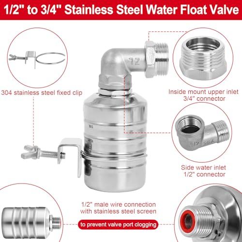 Automatic Float Valve for Water Tank, 2 Pack Stainless Steel Tank Float Valve 1/2" & 3/4", Auto Shut Off Water Level Control Valve for Livestock Trough, Aquarium, Pool