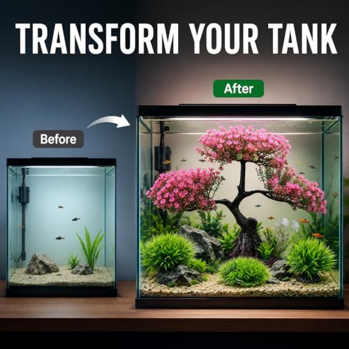 Cabilock Pink Cherry Blossom Aquarium Decor, 12.2 Inch Artificial Sakura Tree Fish Tank Plant with Stable Base, Realistic Plastic Aquarium Ornament for Betta, Goldfish, Turtle Tank Accessories, 4PCS