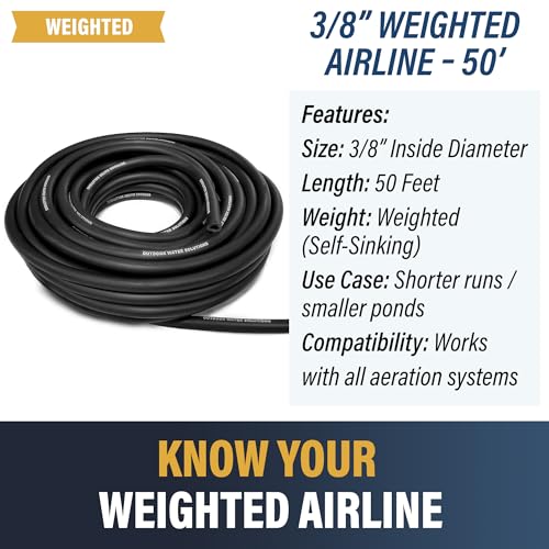 Weighted Airline for Pond Aeration – 3/8" Inside Diameter | 50ft Roll | Self-Sinking Rubber Air Hose | Durable, Flexible Tubing for Aerators & Diffusers | No Tangle - style: 50ft. of 3/8in. Weighted Air Line