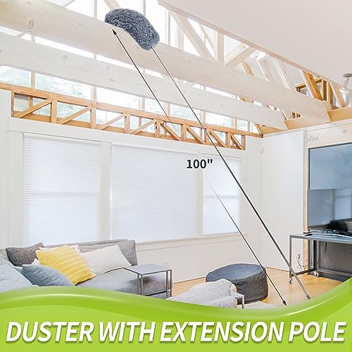 IVYROLL Duster with Extension Pole for Cleaning (2 Microfiber Heads Kit), 100" Long Feather Duster for High Ceilings with Washable Head, Cleaning Supplies for Housekeeping, Ceiling Fan, Furniture - color: Set B: Ceiling Duster & Replacement