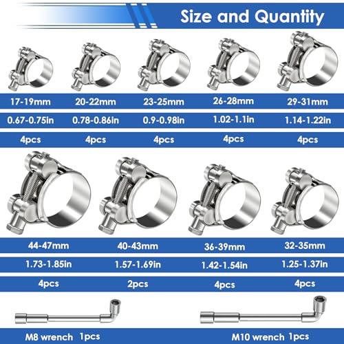 smseace 36Pcs 17-47mm T-bolt Hose Clamps 304 Stainless Steel 9-sizes Heavy Duty T bolt Hose Clamps with M8 and M10 Socket Wrenches - size: 17-47mm