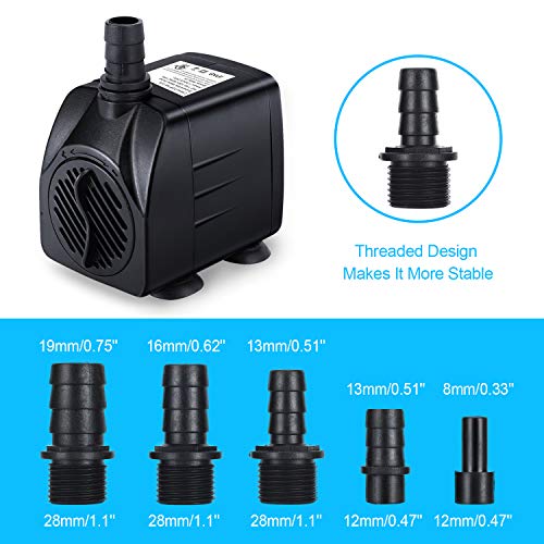 Fountain Pump Kit, Modern Black Plastic & Rubber Nozzles Kit, 5 Sizes, 8 Suction Cups, Replacement Adapters for Submersible Pump