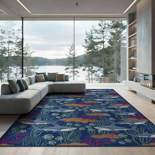 6'x9' Washable Flatwoven Rug, Gray Modern Shark Stain Resistant Large Carpet Non-Slip Chair-Friendly Floor Mat for Dining Room, Under Table, Office | Ref:2068689 - color: Blue/Pattern 26, size: 6' x 9' (Rectangular)