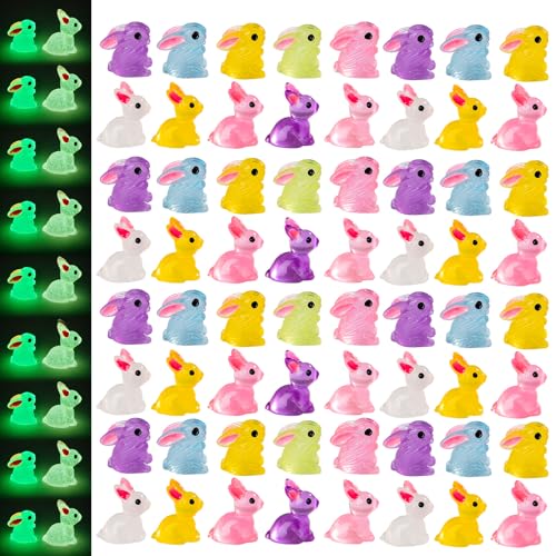 60 pcs Easter Mini Bunnies Luminous Small Rabbit Figures Miniature Little Small Animal Figurines Bulk for Micro Fairy Garden Landscape Accessories Hide Crafts Decor Aquarium - color: Rabbit-60p