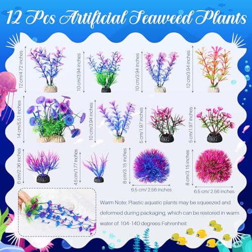 Zeyune 18 Pcs Fish Tank Decorations Artificial Plastic Plants Decoration and Rock Cave Decor Set Aquarium Decor Resin Castle Sunken Ship Starfish Barrel Goldfish Betta Tank Accessories Purple Ornament