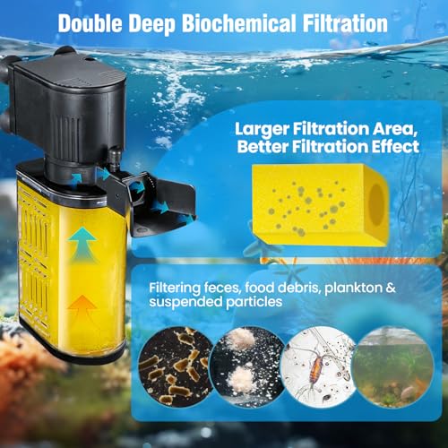 Aquarium Filter for 20-50 Gallons, Ultra-Quiet Fish Tank Filters Biochemical Filtration 200GPH Powerful Pump Submersible Sponge Filter for Large Fish & Turtle Tanks Water Clear Air Supply (13W)