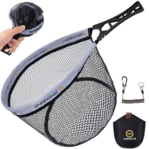 THKFISH Fly Fishing Landing Net, Foldable Landing Trout Net with ABS Handle,Rubber Coated Mesh Trout Net with Tackle Bag for Trout Bass Catch and Release, Portable Fly Fishing Gear,M/L
