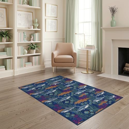 4'x6' Washable Modern Fish Area Rug, Navy Flatwoven Floor Mat for Home Office, Gaming Room, Under Desk, Non-Slip Chair-Friendly Carpet | Ref:2068689 - color: Blue/Pattern 26, size: 4' x 6' (Rectangular)