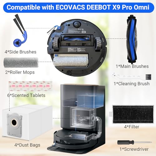 Pure Realm 23 PCS X9 Pro Omni Replacement Parts for Ecovacs Deebot X9 Pro Omni Vacuum Cleaner Parts with 1Roller Brush,2 Mop,4 HEAP,4 Dust Bags,4 Side Brushes,1 Screwdrivers,1 Clean Brush - size: 23pack Accessories Kit for Ecovacs X9/X11 Pro Omni
