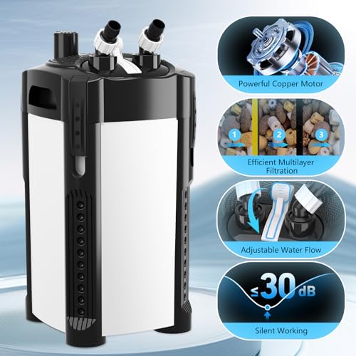 AQQA 581GPH Canister Filter, Ultra-Quiet External Aquarium Canister Filters, 3 Stage Filtration Aquarium Filter with Quartz Balls and Filter Cotton for Fish Tanks and Aquariums Up to 150 Gallon 35W - size: 581GPH