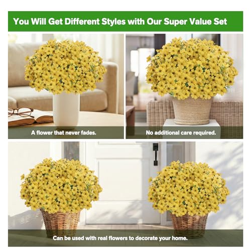 Artificial Flowers Fake Plants for Outdoors Spring Decoration, 13Bundles Silk Realistic UV Resistant Faux Flowers for Outside Planter Porch Yard Patio Garden Home Indoor, Yellow - color: Yellow, size: Artificial Flowers(13 Pcs)