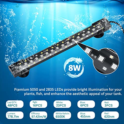 hygger 24/7 Mode Submersible Aquarium LED Light, Full Spectrum Hidden Fish Tank Light with 3 Rows Beads 7 Colors Auto On Off Sunrise-Daylight-Moonlight, Adjustable Timer Brightness - size: 12in 8W