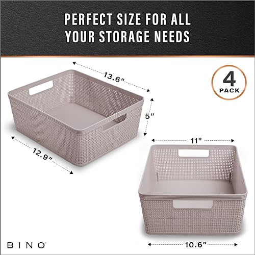 BINO | Woven Plastic Basket | Small (Natural Grey), 4-Pack | THE JUTE COLLECTION | Home Organization, Space - Saving Storage, Stylish Design | Jute Basket | Plastic Storage Basket - color: Natural Grey, size: 4PK- M