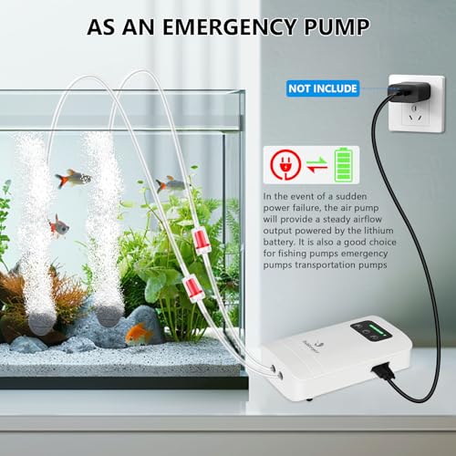 fishkeeper Battery Powered Aquarium Air Pump, USB Rechargeable Aerator Fish Tank Air Pump for 5-125 Gallons Portable Oxygen Pump for Outdoor Fishing, Power Outages and Emergency (4W 80GPH) - size: 4W-2600mAh