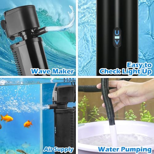 Aquarium U-V Filter 300GPH for Large 80-200 Gal Fish Tank Pond, Powerful Internal Submersible Pump Green Water Clean Killing Machine Air Supply Deodorization Keep Saltwater Freshwater Crystal Clear
