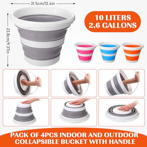 Pickmesh 4 Pcs Collapsible Bucket 2.6 Gallon (10l) Foldable Collapsible Sand Bucket with Handle Small Cleaning Pail for Household Outdoor Car Washing Camping Beach Sand (Blue, Pink, Orange, Gray) - color: Blue, Pink, Orange, Gray, size: 2.6 Gallon
