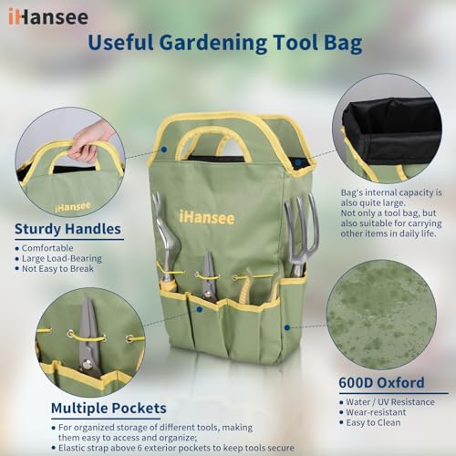Set of 12 Garden Tool, iHansee Heavy-Duty Aluminum Gardening Hand Tools with Rubber Non-Slip Handle, Garden Apron, Gloves, Kneeling Pad and Storage Bag, Garden Hand Tools Starter Kit Landscaping Tools - style: Green