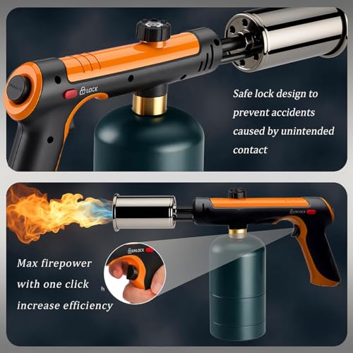 Powerful Propane Torch Gun, Kitchen Torch With Adjustable Flame, Flamethrower Blow Torch for BBQ, Campfire, Searing Steak, Camping (Propane Tank Not Included) -Orange - color: Orange